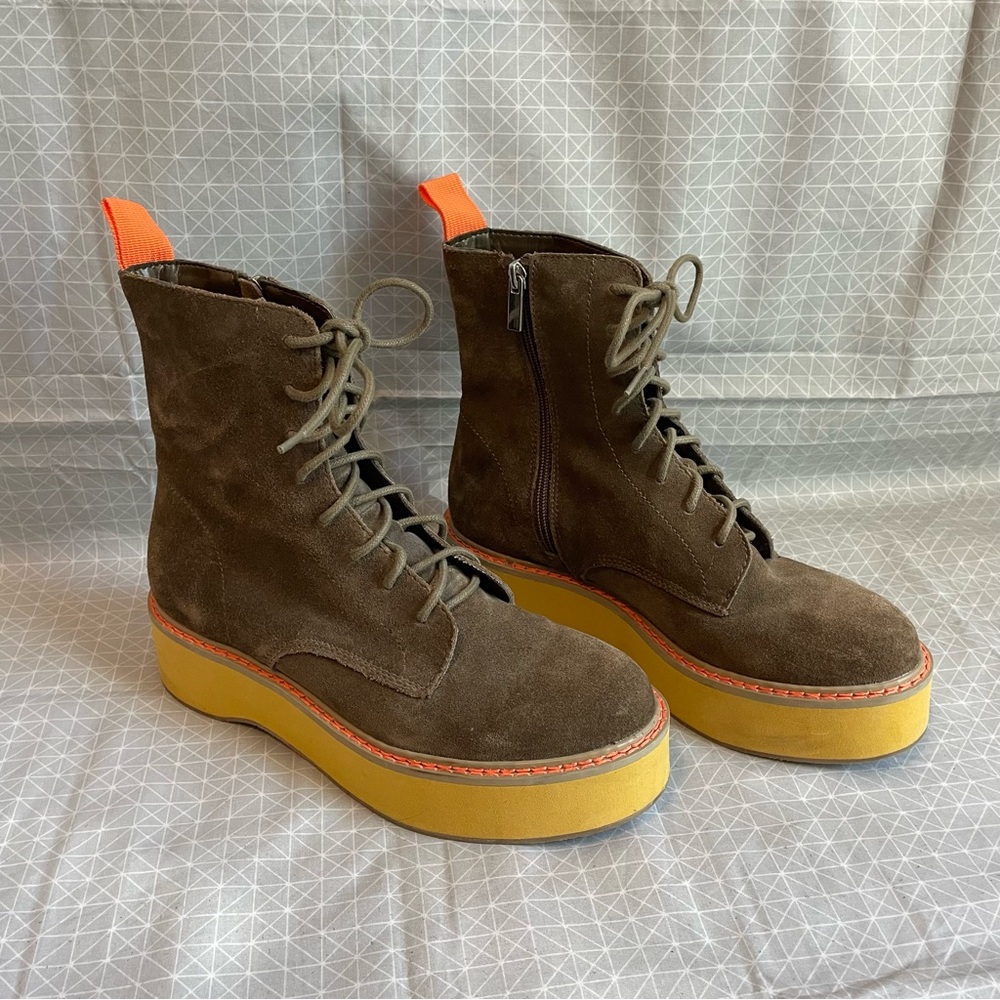 Urban Outfitters Brown Suede Combat Boots with Yellow Platform & Orange Pull Tab